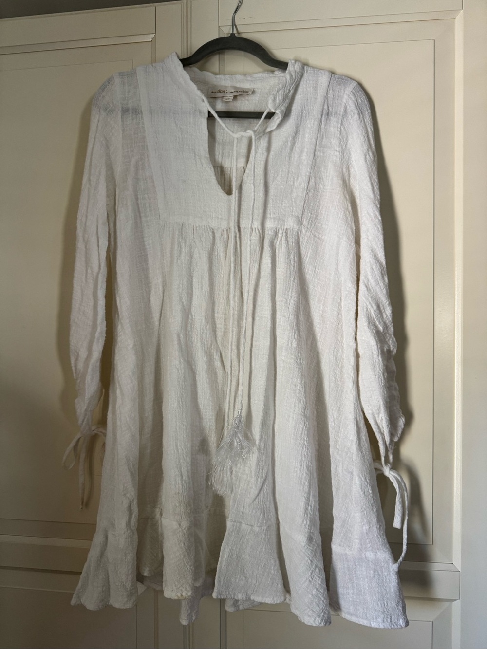 Natalie Martin White Long-Sleeve Gauze Peasant Dress with Tassel Tie